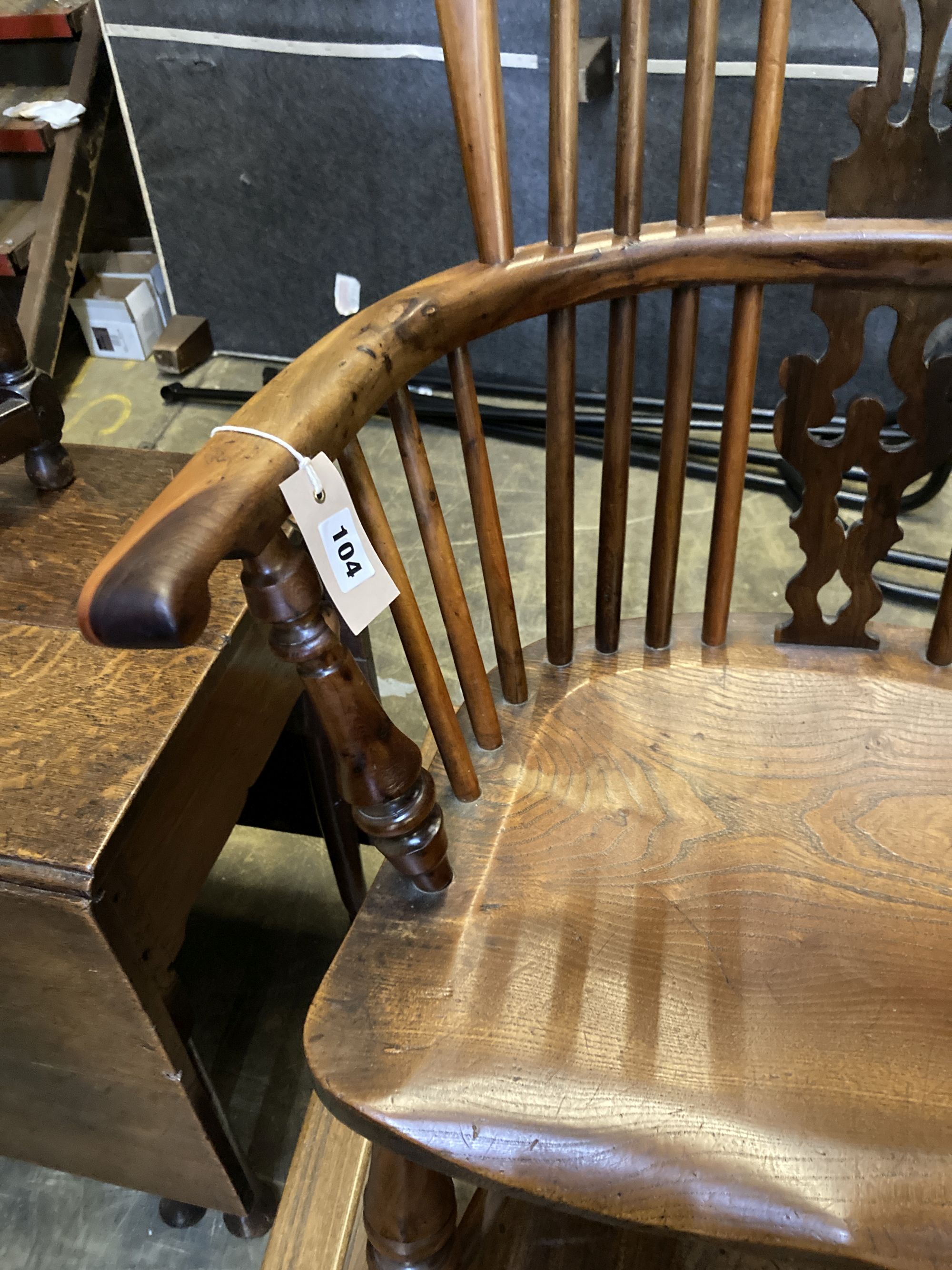 A Victorian yew and elm Windsor elbow chair, width 58cm, depth 44cm, height 106cm